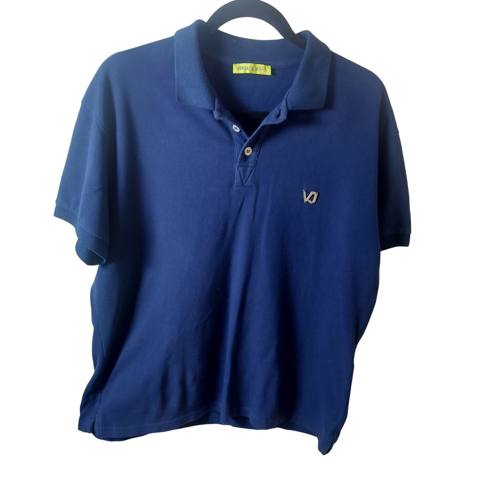 Versace Jeans Mens Navy Blue Pique Polo Shirt Metal VJ Logo Size M